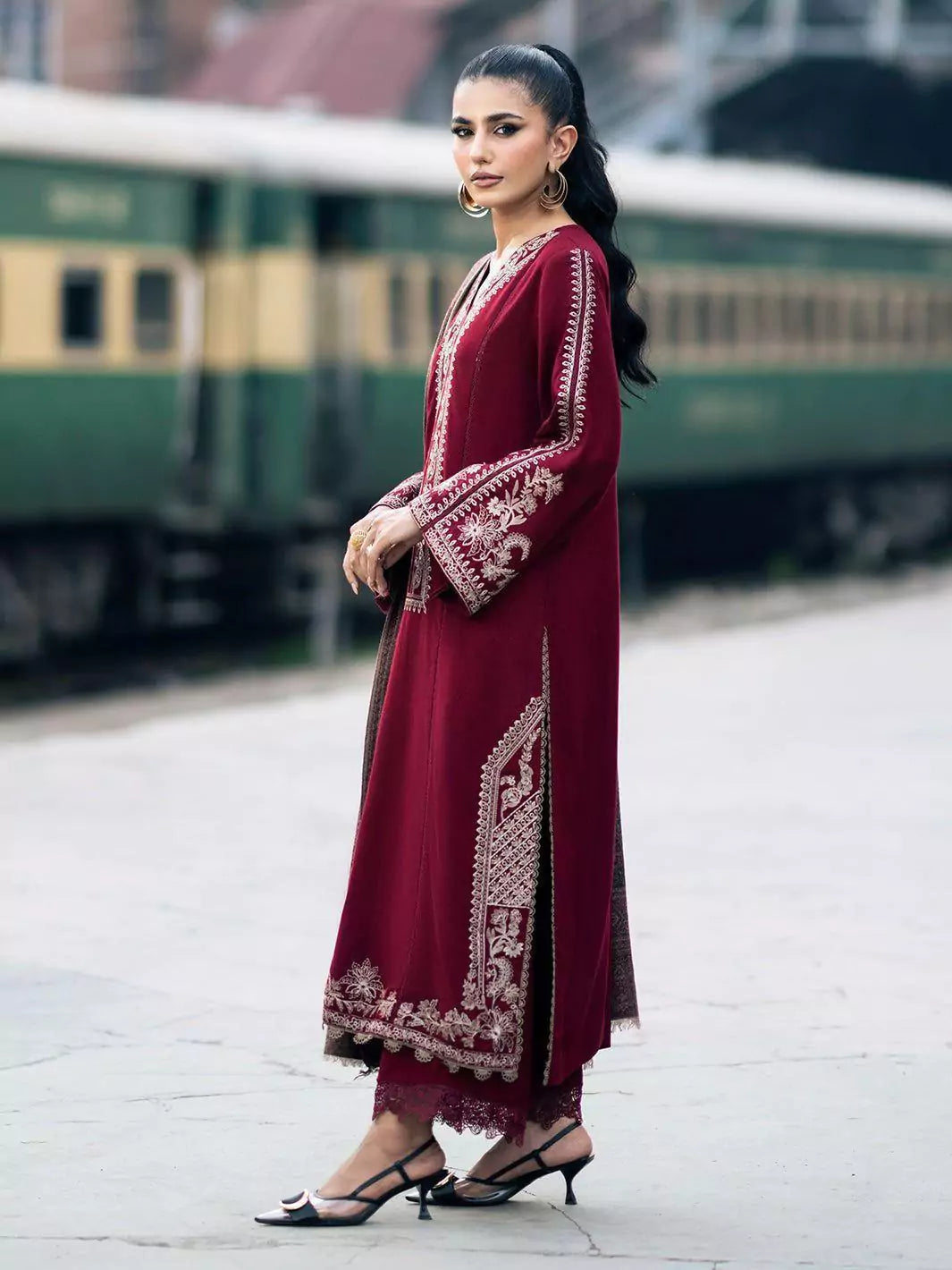 GRACE W570-EMBROIDERED 3PC MARINA DRESS WITH PRINTED SHAWL