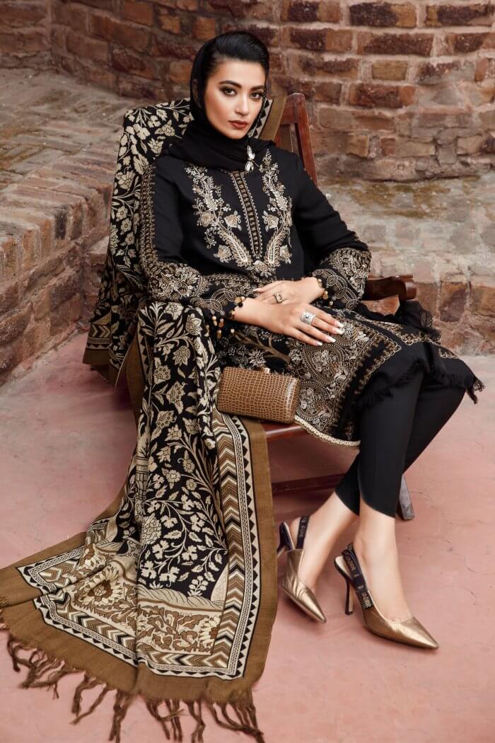 GRACE W570-EMBROIDERED 3PC MARINA DRESS WITH PRINTED SHAWL