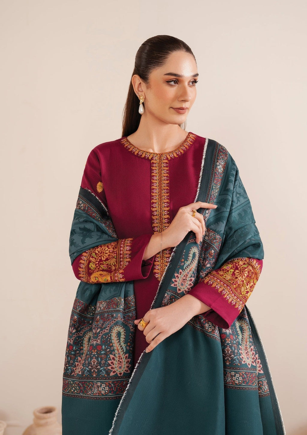 GRACE W570-EMBROIDERED 3PC MARINA DRESS WITH PRINTED SHAWL