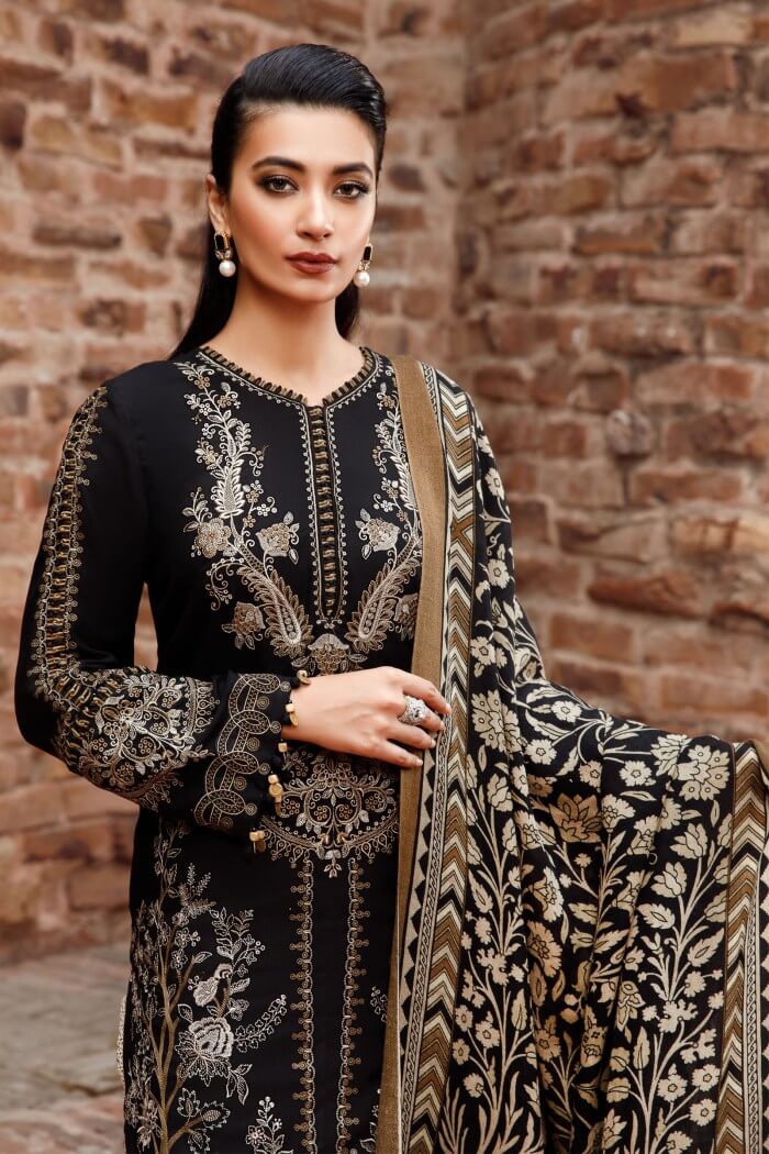GRACE W570-EMBROIDERED 3PC MARINA DRESS WITH PRINTED SHAWL