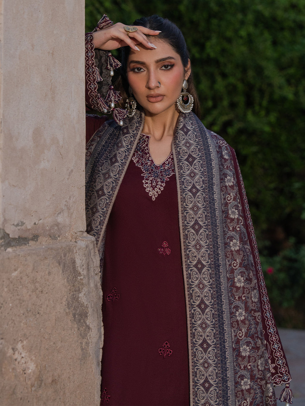 IZEL-3PC DHANAK EMBROIDERED SHIRT WITH COURTRAI PRINTED SHAWL & TROUSER-BIC-4364